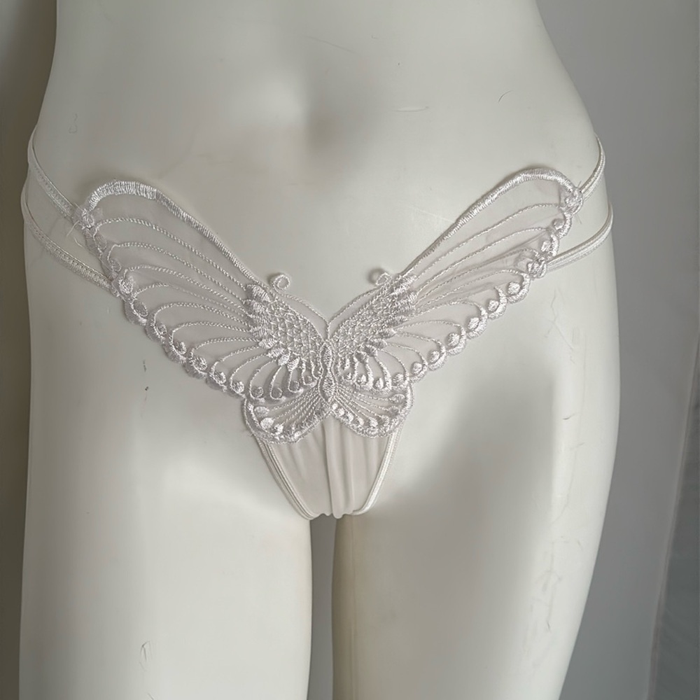 Native Intimates white embroidered butterfly design nylon mesh thong panty